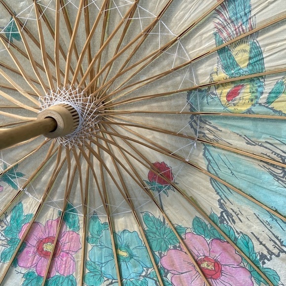 Vintage Rice Paper Umbrella Japanese Bamboo and Wood with Birds Floral F… - Picture 6 of 8